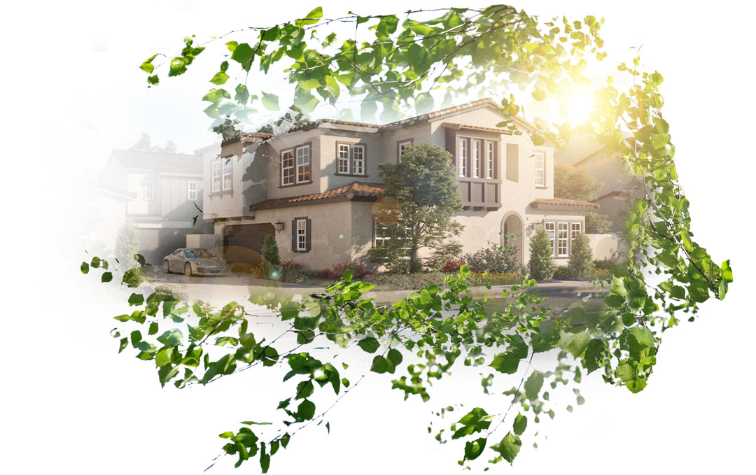 Double exposure shot of a 3D rendered house and leafs