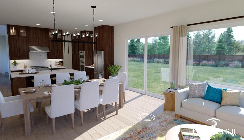 Beautiful rendering of a living room, dining room, and kitchen