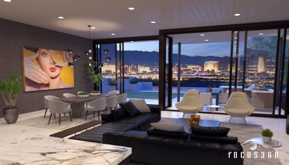 Beautiful rendering of a living room overlooking a cityscape at night