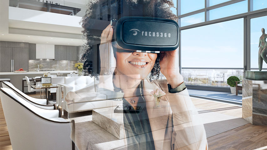 Woman wearing VR headset immersed in a home rendering